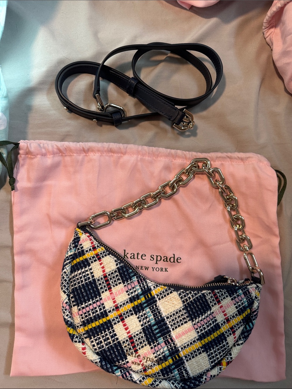 kate spade Multicolor Plaid Mini Shoulder Bag with Gold Chain
